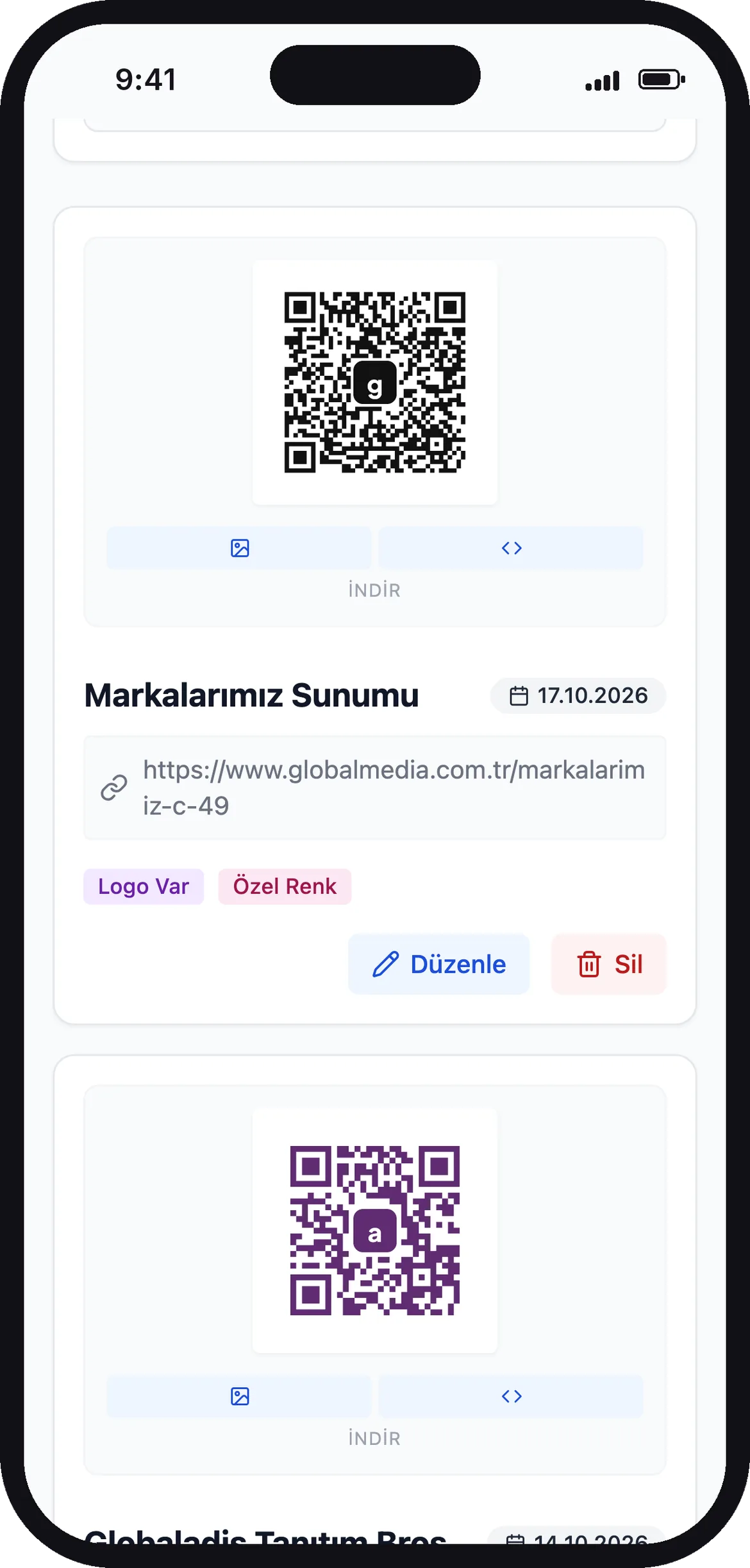 GloQR telefon görünümü (örnek veri)